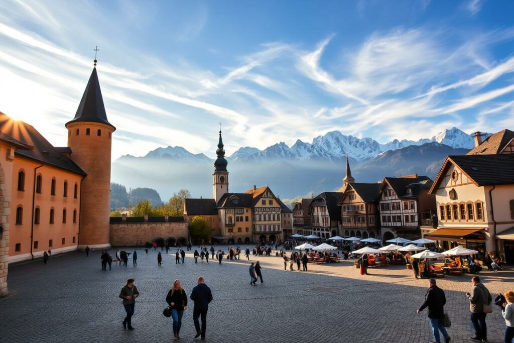 A picturesque scene of cultural offerings in Bavaria, Germany. In the foreground, a group of people exploring a medieval castle, its towers and turrets casting shadows across the cobblestone courtyard. In the middle ground, a vibrant town square bustles with activity, featuring a historic church, charming cafes, and local artisans showcasing their handcrafted wares. The background is dominated by the majestic Alps, their snow-capped peaks reaching towards the sky. Warm, golden sunlight filters through wispy clouds, creating a serene and inviting atmosphere. The scene conveys the rich cultural heritage and natural beauty that define the state of Bavaria, beckoning visitors to immerse themselves in its timeless traditions and captivating landscapes.