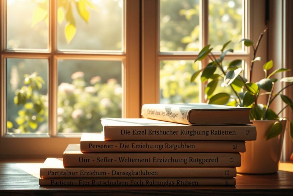 A serene and contemplative illustration of "Erziehungsratgeber" (parenting guides). In the foreground, a warm-toned, softly lit stack of well-worn books, their spines adorned with the German title. Behind them, a window overlooking a peaceful, sun-dappled garden, with lush foliage framing the scene. The lighting is gentle, creating a calming, introspective atmosphere, inviting the viewer to delve into the wisdom and guidance these parenting resources offer. The composition is balanced, with the books taking center stage, symbolizing the importance of understanding common parenting pitfalls and strategies to overcome them.