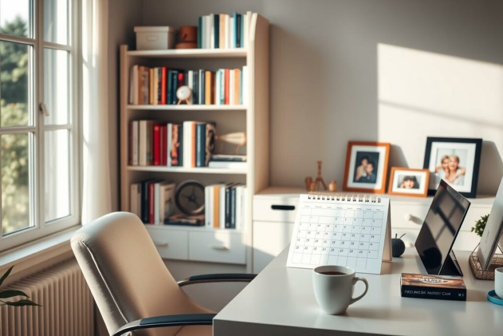A serene and organized home office with a comfortable chair, a desk with a laptop, a calendar, and a cup of coffee. Soft natural lighting illuminates the scene, creating a warm and productive atmosphere. In the background, a bookshelf filled with parenting resources and a framed family photo add personal touches. The overall mood conveys a sense of structure, balance, and efficiency - the key elements of effective time management for busy parents.