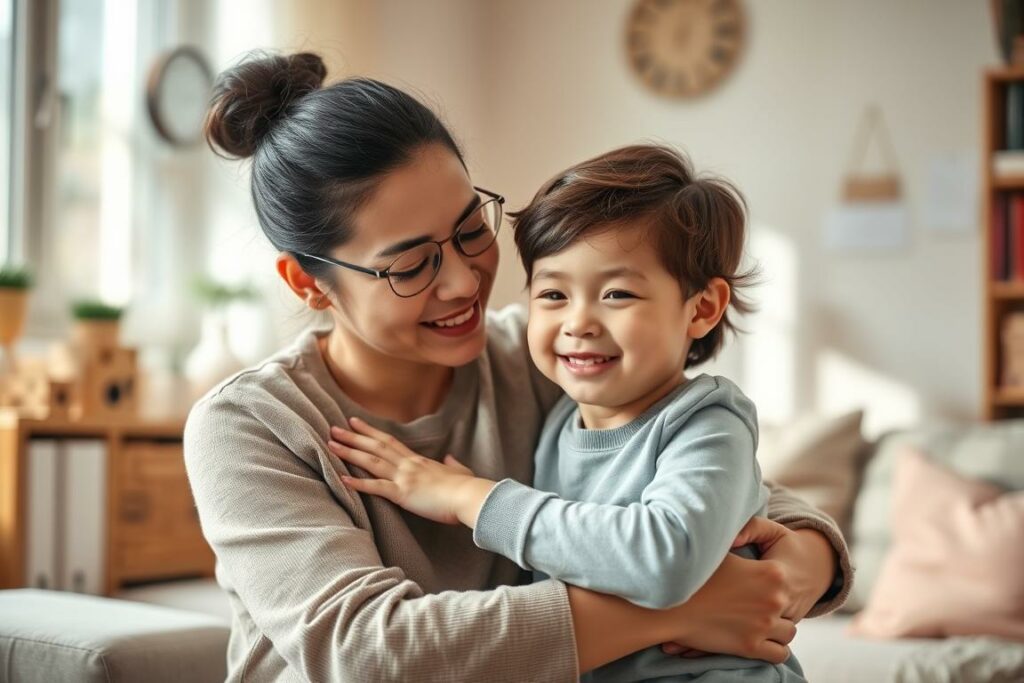 A serene home environment with a loving parent and child, their interactions subtly conveying the influence of parenting style on a child's emotional, social, and academic development. Soft lighting bathes the scene, creating a warm, nurturing atmosphere. The parent's gentle gaze and comforting embrace reflect an authoritative yet empathetic approach, while the child's expression radiates contentment and confidence. In the background, hints of educational materials and playful elements suggest a balanced, supportive upbringing. The composition emphasizes the bond between parent and child, symbolizing the profound impact of parenting on a young person's wellbeing and growth.