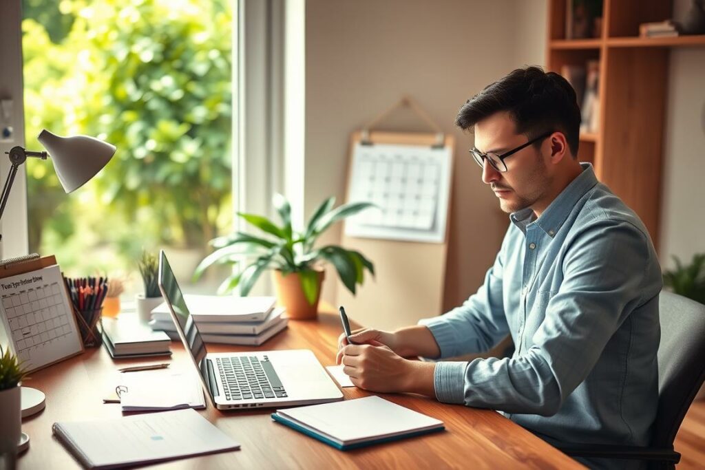 A serene home office with a wooden desk, a laptop, and a well-organized array of calendars, planners, and time management tools. Soft, diffused lighting casts a warm glow, creating a calm and focused atmosphere. In the background, a window offers a glimpse of a lush, green garden, symbolizing the balance between work and family life. The parent, dressed in comfortable, yet professional attire, sits at the desk, intently reviewing their schedule and making notes, their expression one of determined focus and efficiency. The overall scene conveys a sense of order, productivity, and the harmonious integration of professional and personal responsibilities.
