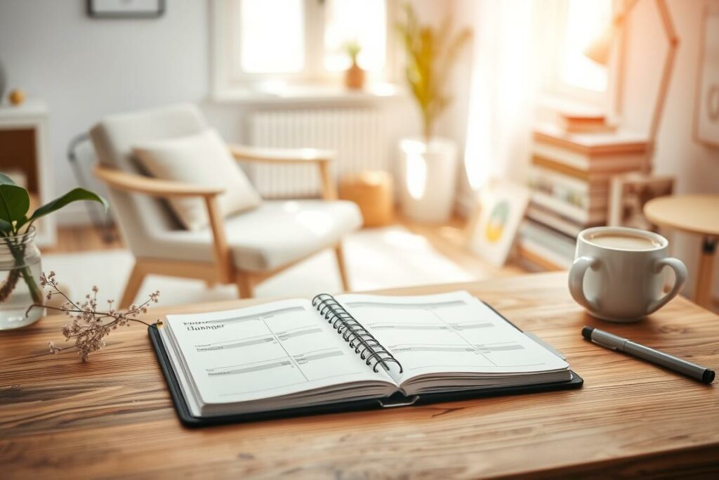 A serene morning routine unfolds, captured in a tranquil still life. In the foreground, a wooden desk showcases a sleek planner, its pages open to reveal a meticulously organized schedule. Delicate flowers and a steaming cup of coffee add a touch of warmth and mindfulness. The middle ground features a peaceful reading nook, with a cozy armchair and a stack of inspiring books. Soft, natural light filters through the window, casting a gentle glow across the scene. The background blurs into a minimalist, Scandinavian-inspired interior, exuding a sense of calm and focus. The overall composition conveys a sense of intentional, unhurried productivity, setting the stage for a well-structured and relaxed start to the day.