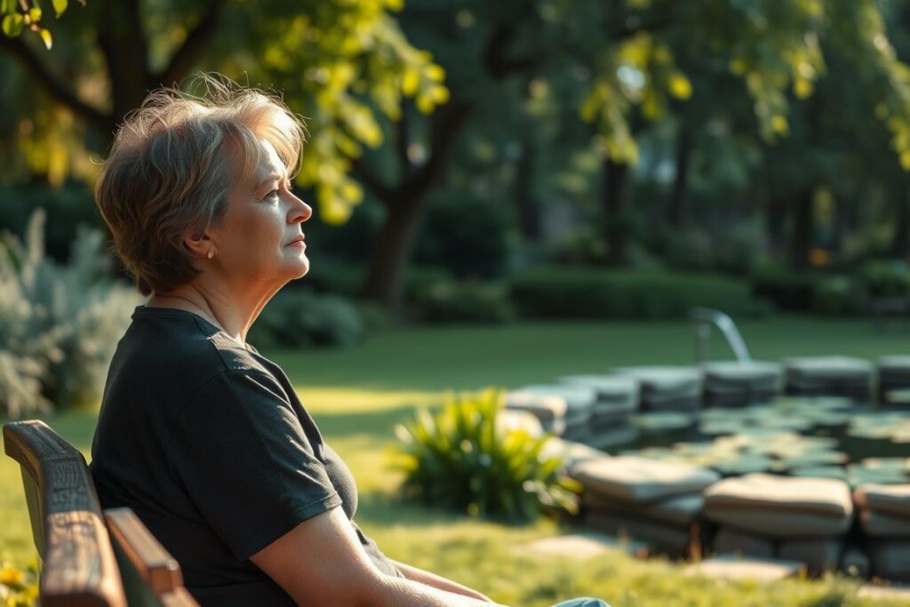 A serene outdoor scene of a tranquil garden, with a parent sitting on a bench, gazing thoughtfully into the distance. Soft, diffused sunlight filters through the lush greenery, creating a calming ambiance. The parent appears relaxed, with a contemplative expression, taking a much-needed break from the demands of daily life. In the background, a small pond reflects the surrounding trees, adding to the sense of peace and quiet. The composition is balanced, with the parent in the foreground and the natural elements framing the scene, inviting the viewer to pause and find solace in the moment.