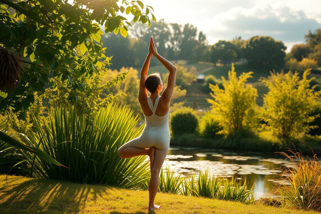 A serene outdoor scene with a person practicing gentle yoga poses in a lush, verdant garden. Warm, golden sunlight filters through the leaves, casting a peaceful glow. The background features a tranquil pond reflecting the surrounding greenery. The person's posture conveys a sense of balance, flexibility, and inner calm. Wispy clouds drift overhead, contributing to the overall atmosphere of relaxation and well-being. The composition emphasizes the harmony between the human form and the natural environment, evoking a state of physical and mental rejuvenation.