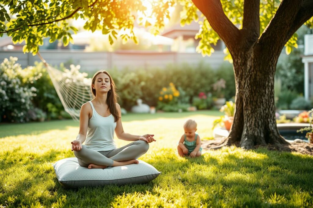 A serene, sun-dappled backyard, with a cozy hammock strung between two trees. In the foreground, a young mother sits cross-legged on a plush cushion, her eyes closed in deep meditation. The ambient sounds of chirping birds and rustling leaves create a calming atmosphere. In the middle ground, a playful toddler explores the verdant grass, occasionally glancing up at their parent with a curious gaze. The background features a lush, verdant garden, dotted with vibrant flowers and a gentle water feature that gently bubbles. Soft, diffused lighting casts a warm, soothing glow over the entire scene, conveying a sense of inner peace and balance.
