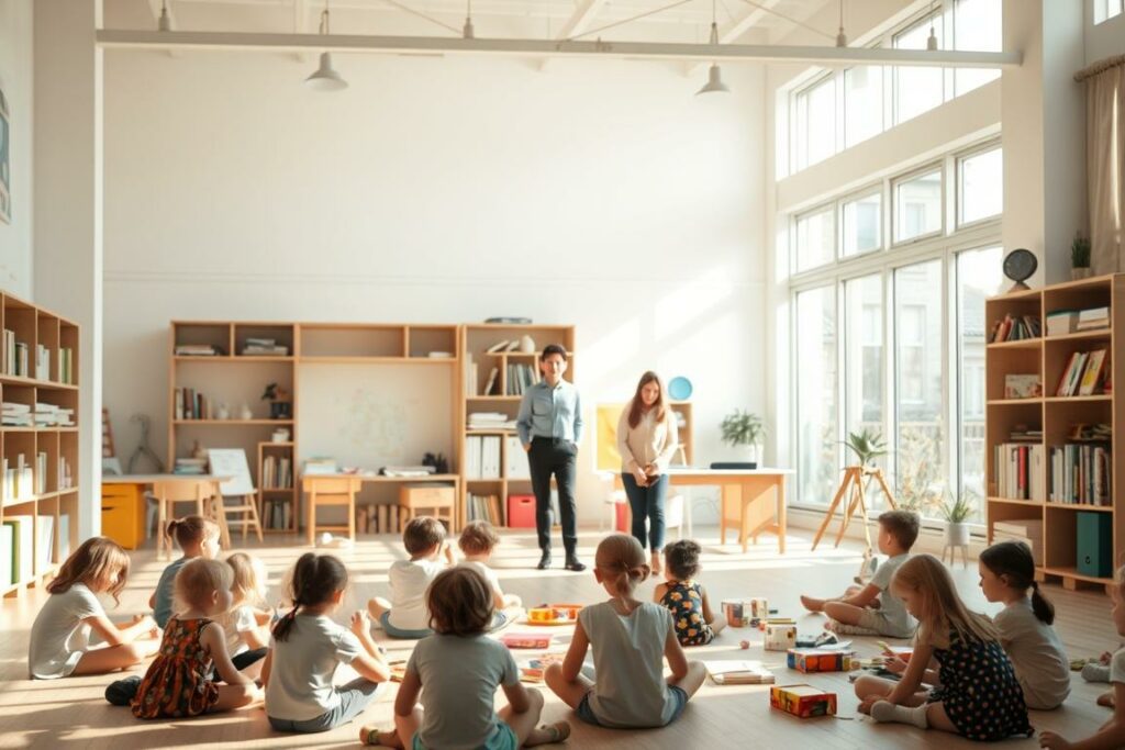 A serene, sun-dappled classroom with an open, airy atmosphere. In the foreground, a group of children sitting on the floor, deeply immersed in their own creative projects, free to explore and learn at their own pace. Soft, natural light filters in through large windows, casting a warm glow over the scene. In the middle ground, a teacher observes with a gentle, supportive presence, allowing the students to direct their own discovery. The background features bookshelves, educational materials, and other tools that empower the children's self-directed learning journey. The overall mood is one of tranquility, curiosity, and a sense of empowerment, reflecting the concept of "selbstbestimmtes Lernen".