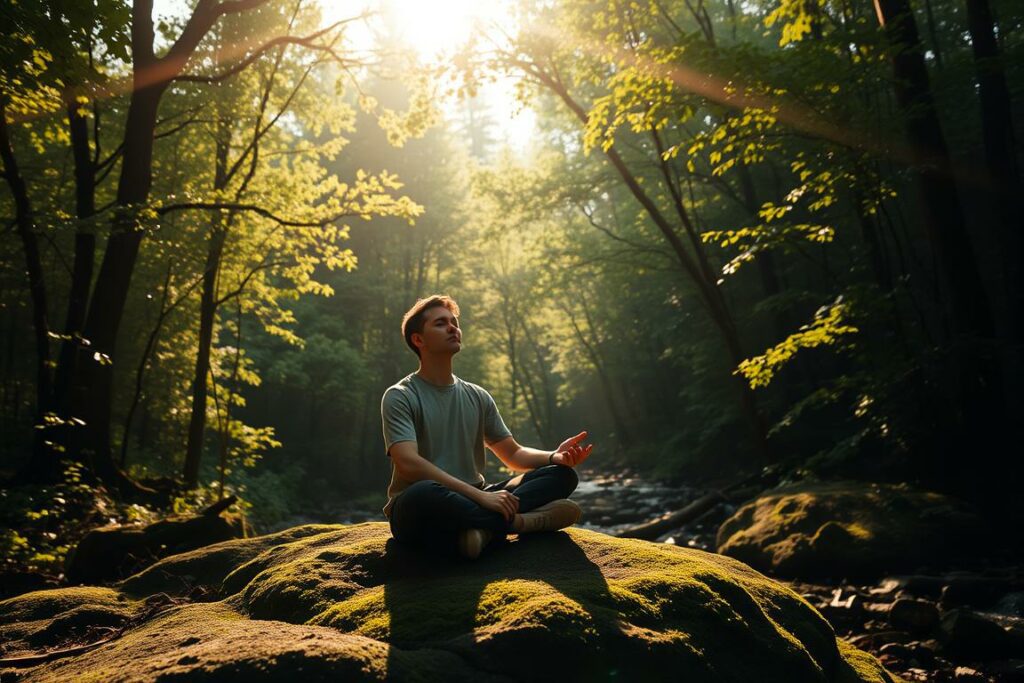 A serene, sun-dappled forest glade, where a lone individual sits cross-legged on a moss-covered rock, eyes closed in deep contemplation. The ambient light casts a warm, golden glow, filtering through the canopy of lush, verdant foliage. The soft, rustling sounds of nature - birdsong, the gentle breeze, and the distant murmur of a nearby stream - create a calming, meditative atmosphere. The figure is dressed in simple, comfortable clothing, embodying a sense of tranquility and self-reflection. The composition captures a moment of peaceful solitude, where the subject is able to find respite and reconnect with themselves, away from the demands of daily life.