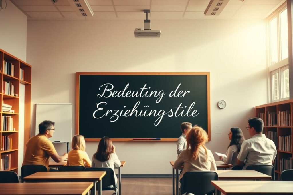A serene, sunlit classroom setting showcasing the diverse parenting styles. In the foreground, a warm-toned montage depicts different family interactions - authoritative, permissive, and authoritarian. The middle ground features a chalkboard with the German text "Bedeutung der Erziehungsstile" written in elegant cursive. Bookshelves line the walls, suggesting an academic atmosphere. Soft natural lighting filters through large windows, creating a contemplative mood. The overall composition conveys the nuanced topic of parenting approaches and their significance in a visually engaging manner.