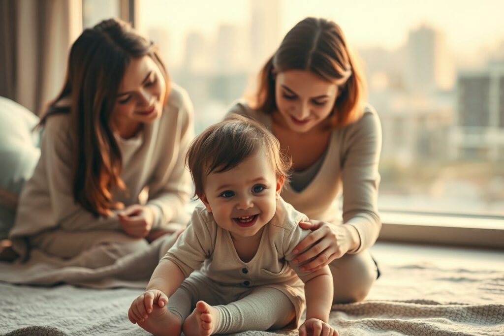 A serene, warm-toned family scene depicting the diverse impacts of parenting styles on a child's development and relationships. In the foreground, a young child plays happily, surrounded by a nurturing caregiver. The middle ground showcases the child's emotional, social, and cognitive growth, subtly influenced by the caregiver's approach. In the background, a softly blurred cityscape symbolizes the broader societal and environmental factors that shape a child's upbringing. Soft, natural lighting casts a gentle glow, creating an atmosphere of contemplation and introspection. The composition invites the viewer to reflect on the profound ways in which parenting styles can shape a child's trajectory, both within the family and beyond.