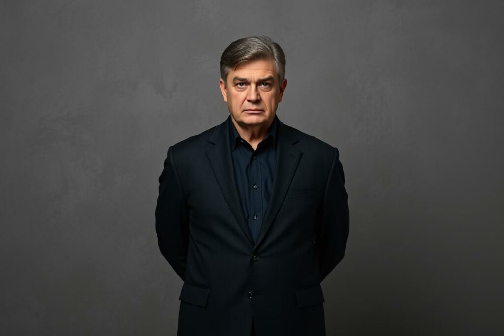 A stern-faced adult figure stands authoritatively, hands clasped behind their back, their gaze unwavering and commanding. The subject is set against a muted, professional backdrop, with subtle textures and neutral tones that convey a sense of formality and structure. The lighting is directional, creating dramatic shadows that accentuate the figure's imposing presence. The composition is well-balanced, with the subject occupying a central position, exuding an air of confidence and control. The overall atmosphere evokes a sense of discipline, order, and a top-down approach to guidance and instruction, reflecting the essence of an authoritative parenting style.