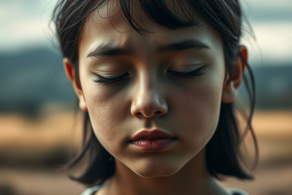 A thoughtful, expressive portrait showcasing emotional intelligence. A youthful face, eyes closed, with a serene, introspective expression. Soft, diffused lighting illuminates the subject's features, creating a sense of tranquility. The background is a blurred, dreamlike landscape, hinting at the inner emotional world. Subtle textures and muted colors evoke a meditative, calming atmosphere. The composition is balanced, drawing the viewer's attention to the central figure's profound self-awareness and emotional sensitivity.