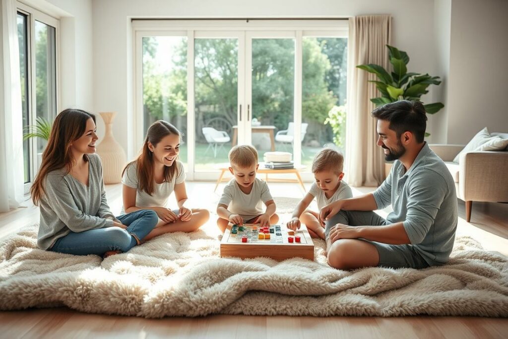 A tranquil, sun-dappled scene of a young family spending quality time together. In the foreground, a smiling mother and father sit cross-legged on a plush, inviting blanket, engaged in a playful board game with their two young children. The middle ground showcases a cozy, minimalist living room setting, with comfortable furniture and natural-toned decor elements. In the background, a large window overlooking a lush, verdant garden provides a serene, contemplative backdrop. The lighting is soft and warm, creating an atmosphere of relaxation and mindfulness. Captured with a medium-wide angle lens, the composition emphasizes the family's togetherness and the importance of taking time for oneself as a parent.