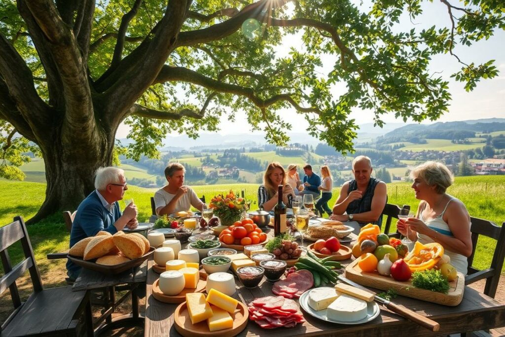 A vibrant scene of an outdoor culinary adventure in the Bavarian countryside. In the foreground, a rustic wooden table is set with a feast of local delicacies - fresh bread, creamy cheeses, cured meats, and seasonal produce. Sunlight filters through the leaves of an ancient oak tree, casting a warm glow over the scene. In the middle ground, a group of friends and family gathered around the table, engaging in lively conversation and savoring each bite. The background reveals a rolling landscape of lush meadows, distant hills, and a quaint village nestled between them. The atmosphere is one of pure indulgence, where the pleasures of the palate harmonize with the beauty of the natural world.