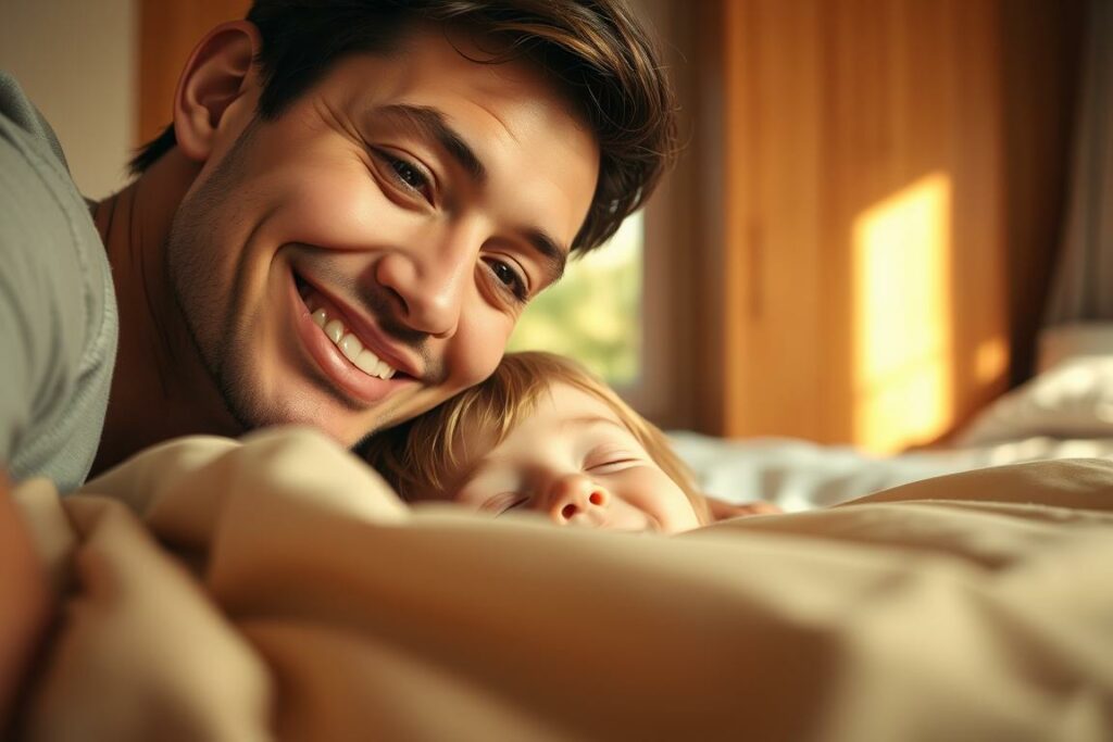 A warm, cheerful morning scene of a smiling adult gently waking up a young child. The foreground shows the adult's face leaning close, eyes full of kindness, a soft smile on their lips. The child's face is half-obscured by bedding, expression peaceful and relaxed. Soft, diffuse lighting filters through a window in the middle ground, casting a golden glow. The background is a cozy, minimalist bedroom with natural wood tones and muted colors, creating a calming, nurturing atmosphere. The overall mood is one of tranquility, affection, and the gentle start to a new day.
