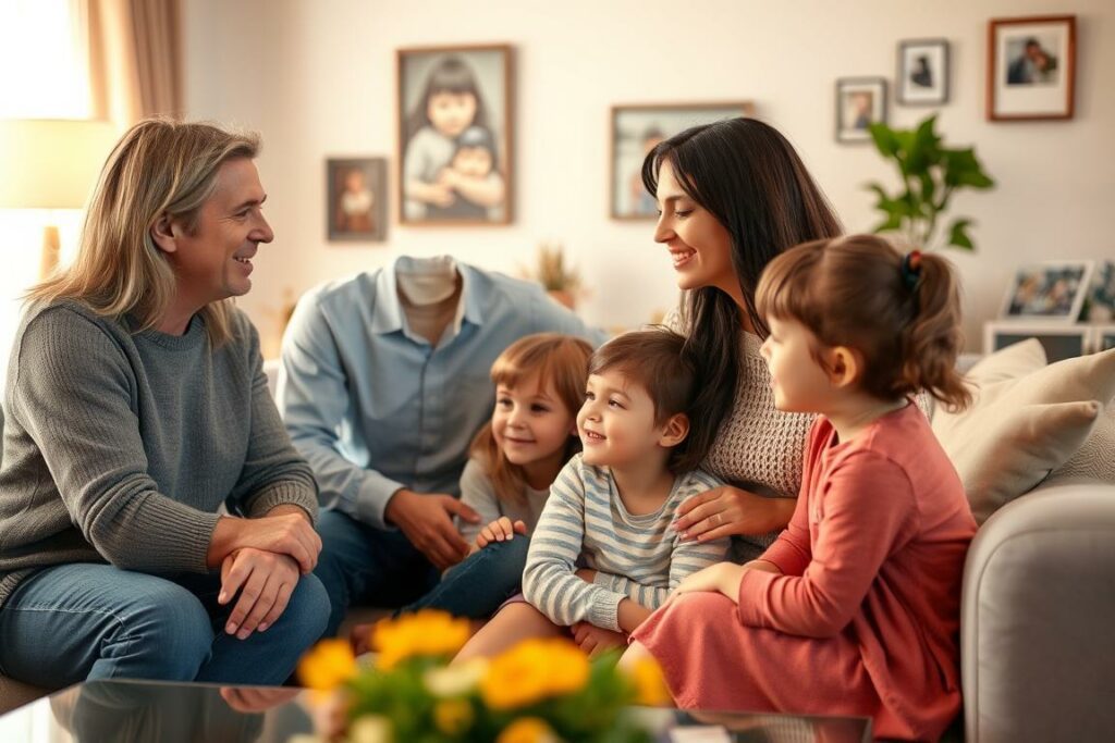 A warm, harmonious family gathering in a cozy, softly lit living room. In the foreground, a loving mother and father engage in thoughtful conversation with their two children, their expressions radiating trust and understanding. The middle ground features a neatly arranged seating area, with plush furnishings and inviting décor that sets the stage for intimate dialogue. In the background, the room is bathed in a gentle, golden glow, creating an atmosphere of domestic tranquility and familial connection. Subtle details, such as family photos and shared mementos, add depth and authenticity to the scene, reflecting the importance of open communication and quality time spent together.