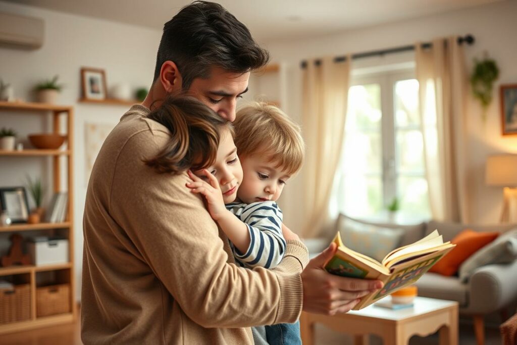 A warm, natural-lit indoor scene showcasing the authentic, nurturing relationship between a parent and child. In the foreground, a caring parent embraces their young child, conveying a sense of security and unconditional love. The middle ground features the pair engaged in a playful, interactive activity, such as reading a book or playing with toys, highlighting the importance of quality time and active involvement. The background depicts a cozy, inviting living space, filled with personal touches and subtle reminders of the child's growth and development, exemplifying the profound influence of positive role models. The overall atmosphere exudes a sense of comfort, intimacy, and the profound impact of parental guidance on a child's well-being and character formation.