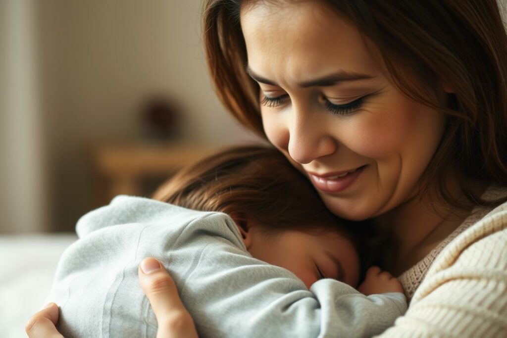 A warm, soft-lit scene of a mother gently embracing her young child, their faces reflecting a profound bond and emotional connection. The mother's expression exudes tenderness, reassurance, and attentive care, as she comforts and supports the child. The child's posture conveys a sense of safety and trust, their head nestled against the mother's shoulder. The background is blurred, creating a sense of intimacy and focus on the emotional intimacy between the two figures. The lighting is subdued, casting a gentle, nurturing glow and emphasizing the soothing, comforting atmosphere.
