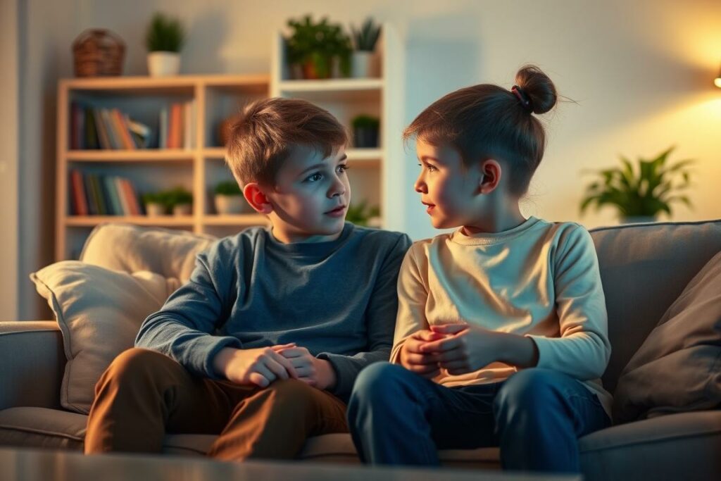 A warm-toned living room scene with two young siblings sitting on a couch, deep in discussion. Soft, diffused lighting casts a calming glow, highlighting their expressions of understanding and compromise. In the background, a bookshelf and potted plants suggest a nurturing, domestic setting. The siblings' body language conveys a sense of resolution, as they work together to find a peaceful solution to their conflict. The atmosphere is one of empathy, cooperation, and a growing bond between the brother and sister.