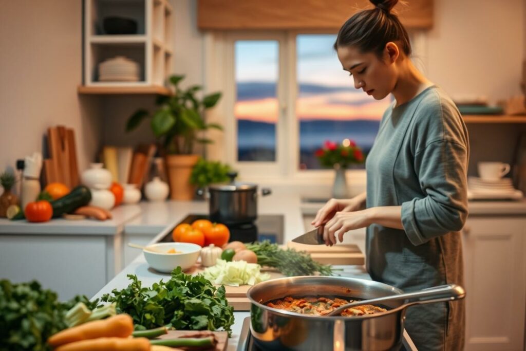 Cozy evening preparation: A warm, well-lit kitchen with soft, inviting lighting. On the countertop, an array of ingredients - fresh vegetables, herbs, and cookware. In the foreground, a parent carefully chopping vegetables, their movements unhurried and methodical. The kitchen is filled with the aroma of simmering spices, creating a sense of anticipation. The atmosphere is calm and serene, reflecting the tranquility of the evening routine. Through the window, a glimpse of a serene, dusky sky, hinting at the restful night to come. The overall scene conveys a sense of purposeful, relaxed preparation, setting the stage for a peaceful morning ahead.