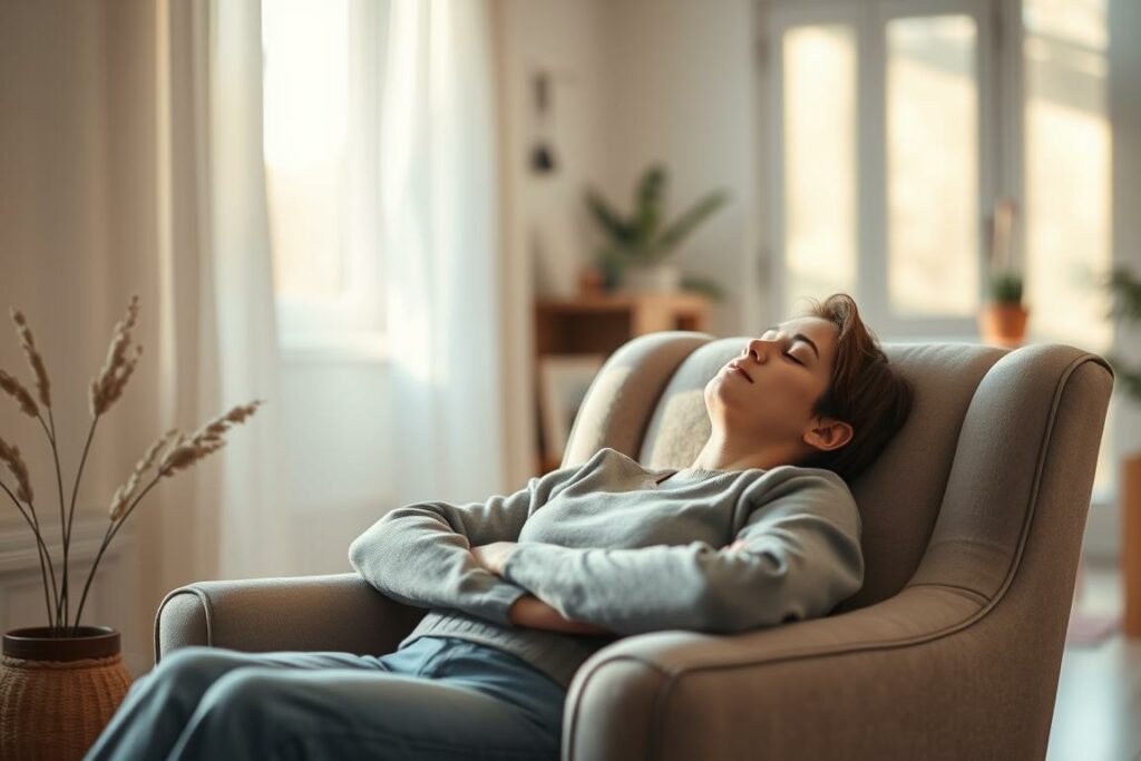 Entspannung für Eltern: A tranquil scene of a parent relaxing in a cozy, dimly lit room. Soft natural light filters through the windows, casting a warm glow over a plush armchair where a parent sits with their eyes closed, completely at peace. The background is blurred, allowing the viewer to focus on the parent's serene expression. Gentle plants and minimal decor create a simple, minimalist atmosphere, conveying a sense of calm and introspection. The overall mood is one of rejuvenation and self-care, inviting the viewer to imagine themselves in this serene moment of respite.