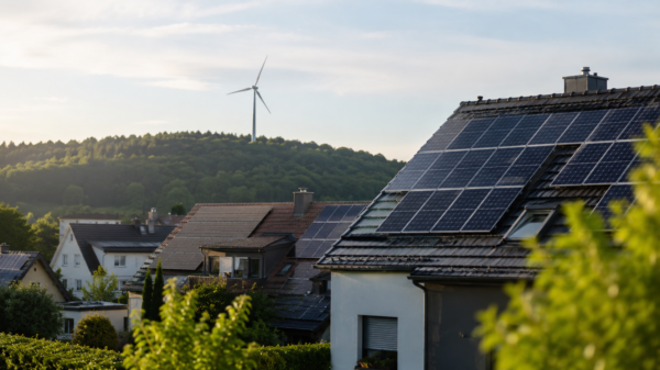 Hausdächer mit Solaranlagen und Windrad – nachhaltige Stromanbieter liefern grünen Strom