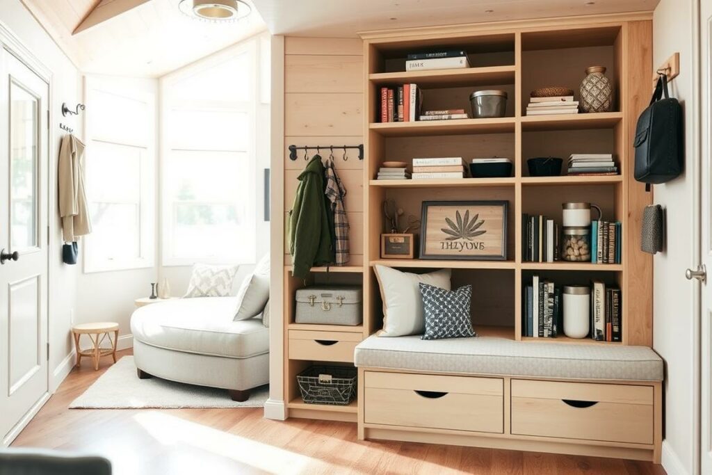 A cozy, organized Tiny House interior, showcasing clever storage solutions. In the foreground, a stylish built-in shelving unit, its nooks and crannies filled with neatly arranged books, decorative items, and storage containers. The middle ground features a minimalist, multifunctional furniture piece - perhaps a daybed or storage ottoman - doubling as both seating and hidden storage. The background reveals a well-lit, airy space, with strategically placed hooks, racks, and wall-mounted organizers, maximizing every inch of available space. Soft, natural lighting filters in through large windows, lending a warm, inviting atmosphere. The overall scene conveys a sense of thoughtful, space-saving design, perfect for a Tiny House lifestyle. A cozy, organized Tiny House interior, showcasing clever storage solutions. In the foreground, a stylish built-in shelving unit, its nooks and crannies filled with neatly arranged books, decorative items, and storage containers. The middle ground features a minimalist, multifunctional furniture piece - perhaps a daybed or storage ottoman - doubling as both seating and hidden storage. The background reveals a well-lit, airy space, with strategically placed hooks, racks, and wall-mounted organizers, maximizing every inch of available space. Soft, natural lighting filters in through large windows, lending a warm, inviting atmosphere. The overall scene conveys a sense of thoughtful, space-saving design, perfect for a Tiny House lifestyle.