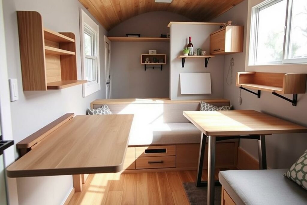 A cozy, well-lit Tiny House interior featuring a collection of transformative, space-saving furniture. In the foreground, a sleek, minimalist folding desk unfolds from the wall, its clean lines and natural wood tones complementing the room's neutral palette. Nearby, a compact, multifunctional bench seating unit with built-in storage seamlessly integrates into the scheme. In the middle ground, a wall-mounted, foldable dining table emerges, its elegant, space-efficient design perfect for intimate meals. The background showcases a variety of other space-saving solutions, from a collapsible side table to a hinged, drop-leaf side console. The overall atmosphere is one of efficiency, functionality, and a harmonious blend of form and purpose, reflecting the practical needs and aesthetic sensibilities of Tiny House living. A cozy, well-lit Tiny House interior featuring a collection of transformative, space-saving furniture. In the foreground, a sleek, minimalist folding desk unfolds from the wall, its clean lines and natural wood tones complementing the room's neutral palette. Nearby, a compact, multifunctional bench seating unit with built-in storage seamlessly integrates into the scheme. In the middle ground, a wall-mounted, foldable dining table emerges, its elegant, space-efficient design perfect for intimate meals. The background showcases a variety of other space-saving solutions, from a collapsible side table to a hinged, drop-leaf side console. The overall atmosphere is one of efficiency, functionality, and a harmonious blend of form and purpose, reflecting the practical needs and aesthetic sensibilities of Tiny House living.