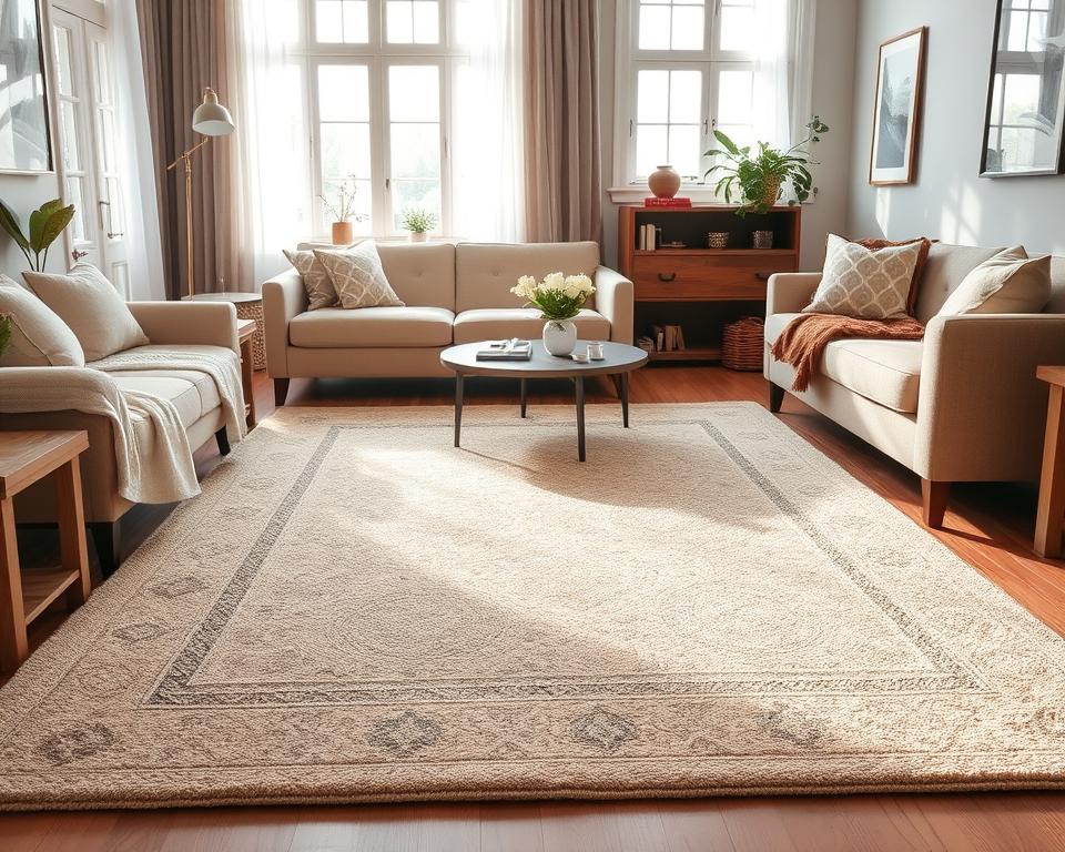 A cozy living room with a plush, high-quality woven area rug in the center. The rug features a timeless pattern with a neutral color palette, complementing the warm, earthy tones of the surrounding furniture and decor. Soft, diffused lighting filters in through large windows, creating a welcoming and tranquil atmosphere. The rug anchors the space, adding depth, texture, and a sense of comfort and relaxation. A harmonious balance of form and function, the rug elevates the overall aesthetic and ambiance of the living room.