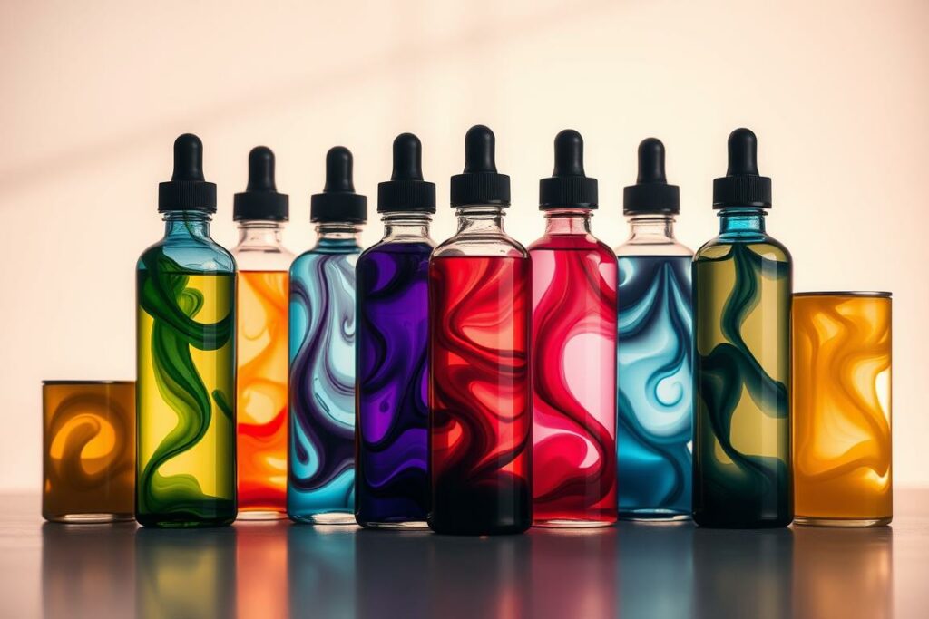 A stylish arrangement of glass bottles filled with vibrant, swirling liquids against a soft, blurred background. The bottles are backlit, casting gentle shadows and creating a sense of depth and dimension. The liquids appear viscous and enticing, with subtle gradients and hues that invite the viewer to imagine the diverse flavors within. The overall scene conveys a sense of premium quality, attention to detail, and a promise of an unparalleled vaping experience.