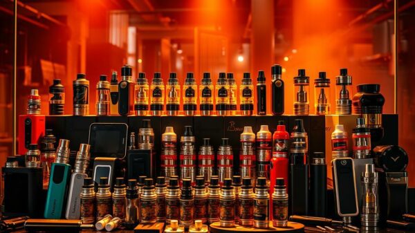 A vibrant and visually compelling display of e-cigarette accessories, showcasing a diverse array of mods, tanks, and coils arranged in an elegant, eye-catching manner. The scene is bathed in warm, diffused lighting, creating a sophisticated and inviting atmosphere. The foreground features an array of sleek, high-quality devices in a range of colors and styles, while the middle ground includes neatly organized bottles of e-liquids in various flavors. The background subtly hints at the technological and innovative nature of the e-cigarette industry, with subtle industrial elements and a sense of depth and dimensionality. The overall composition is balanced, visually striking, and effectively captures the essence of a premium e-cigarette accessory collection.