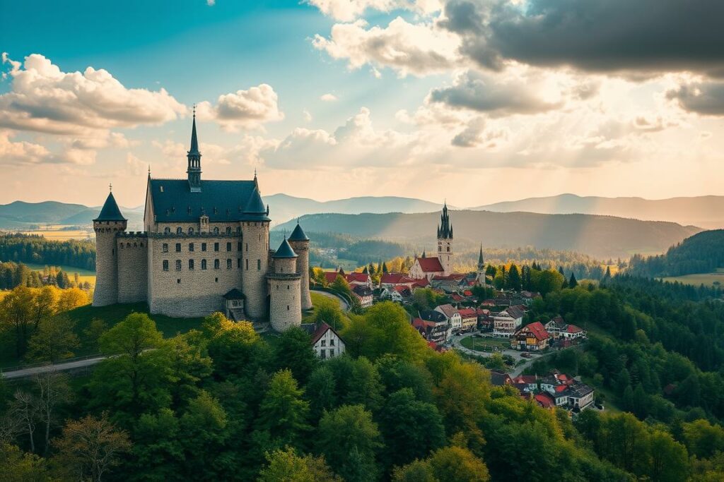 A breathtaking landscape of Thuringian landmarks, captured in a cinematic wide-angle lens. In the foreground, a grand medieval castle stands tall, its turrets and ramparts casting dramatic shadows across the scene. The middle ground features a picturesque town, with colorful half-timbered houses and a towering cathedral spire. In the background, rolling hills and dense forests create a serene, nature-rich backdrop. Warm, golden sunlight filters through the clouds, illuminating the scene with a sense of wonder and adventure. The overall atmosphere evokes a timeless, fairy-tale-like quality, inviting the viewer to explore the cultural riches and family-friendly activities that Thuringia has to offer.