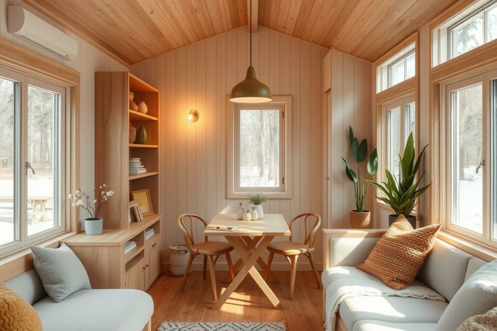 A cozy and inviting tiny house interior with a harmonious blend of natural materials and soft neutral tones. The space features a minimalist Scandinavian-inspired design aesthetic, with clean lines and a focus on functionality. A small wooden table and chairs occupy the center, surrounded by built-in shelving and storage units that maximize the available space. Warm lighting from a pendant fixture casts a gentle glow, creating a serene and relaxing atmosphere. Large windows allow natural light to flood the room, emphasizing the sense of openness and airiness within the compact layout. Decorative accents, such as potted plants and textured throw pillows, add pops of color and texture, enhancing the overall welcoming ambiance.