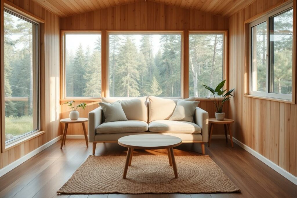 A cozy, minimalist tiny house living room with natural wood paneling and a large picture window overlooking a lush, forested landscape. Soft, diffused natural light filters in, casting a warm glow on the space. A simple, Scandinavian-inspired sofa with plush, neutral-toned upholstery sits centered, flanked by minimalist end tables with potted plants. A small, round wooden coffee table rests in front, atop a woven area rug. The room has an airy, serene ambiance, perfect for relaxation and quiet contemplation.