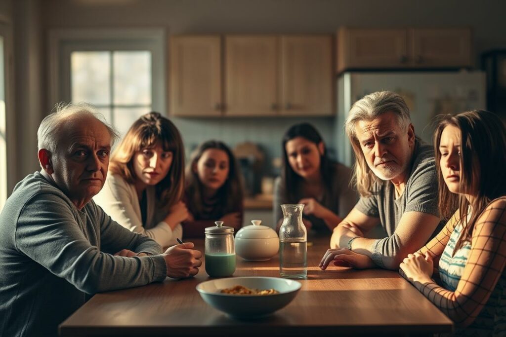 A family sitting around a kitchen table, expressions tense and bodies drawn together in a confrontational pose. The lighting is warm and natural, casting shadows that accentuate the unease in the room. The foreground is focused on the family members, their faces revealing a mix of frustration, sadness, and an underlying desire to resolve the conflict. The middle ground contains the simple, everyday objects of the kitchen setting, while the background fades into a blurred, nondescript domestic scene, emphasizing the insularity of the family dynamic. The overall atmosphere is one of emotional intensity and a sense of an intimate, familial problem in need of resolution.