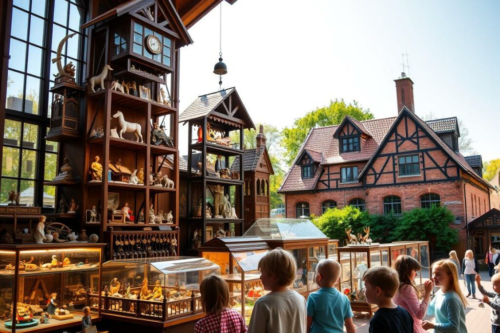 A grand, historic toy museum nestled in the heart of Sonneberg, Germany. Towering wooden structures and intricate displays showcase a vast collection of antique and vintage toys, from delicate porcelain figurines to whimsical mechanical wonders. Warm, natural lighting filters through large windows, casting a cozy, inviting glow upon the museum's interior. In the foreground, a group of children explore the exhibits with wonder and delight, their faces alight with the joy of discovery. The middle ground features detailed dioramas and interactive displays, inviting visitors to engage with the toys and learn about their history. The background depicts the museum's charming, quaint exterior, with its brick facade and gabled roofs, set against a backdrop of lush, verdant trees and a clear, sunny sky.