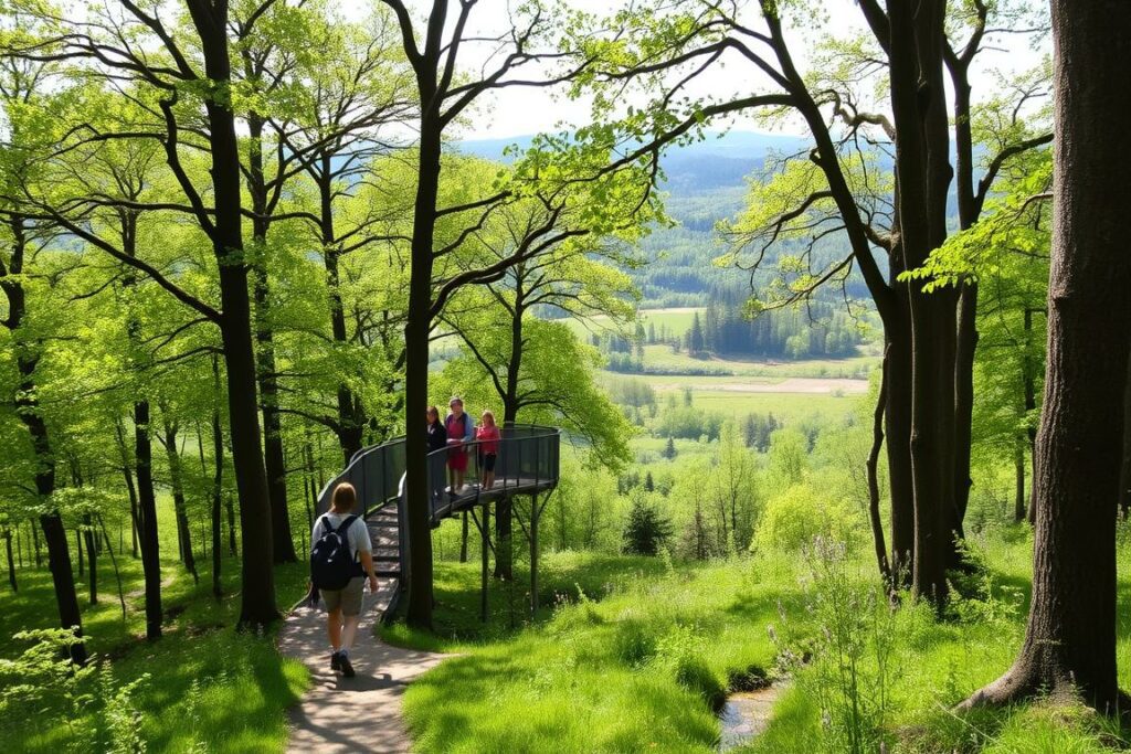 A lush, verdant landscape of the Thüringer Wald, showcasing the natural wonders of the Hainich National Park. Towering deciduous trees form a canopy, casting dappled sunlight across the forest floor, where a winding path invites exploration. In the middle ground, a family of hikers emerges, their faces filled with wonder as they traverse the Baumkronenpfad, a elevated walkway that offers a unique vantage point amidst the treetops. The background reveals rolling hills, dotted with wildflowers and the occasional glimpse of a babbling brook. The scene conveys a sense of tranquility and adventure, perfectly capturing the spirit of a family-friendly nature excursion in Thüringen.