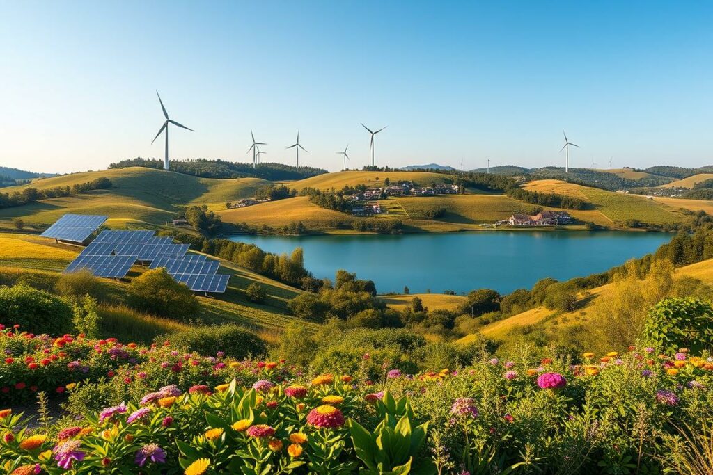 A lush, verdant landscape with rolling hills and a pristine lake reflecting the clear sky. In the foreground, a flourishing garden with vibrant, diverse flora - a testament to sustainable, eco-friendly cultivation practices. Clusters of solar panels dot the hillsides, harnessing the sun's abundant renewable energy. In the middle ground, wind turbines stand tall, their blades gently turning, powering the surrounding community. A small, energy-efficient village nestled among the trees in the distance, its buildings designed to minimize environmental impact. Warm, golden lighting illuminates the scene, evoking a sense of harmony between nature and human ingenuity in pursuit of ecological sustainability.
