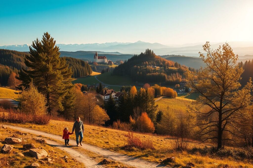 A picturesque Thüringen countryside landscape with rolling hills, lush forests, and a quaint village nestled in the valley. Warm golden sunlight filters through the trees, casting a serene glow over the scene. In the foreground, a family strolls along a winding dirt path, taking in the tranquil beauty of their Thüringen Ausflugsziel. In the middle ground, a historic castle or manor house stands proudly atop a hilltop, its stately architecture a testament to the region's rich cultural heritage. The background features distant mountains capped with snow, creating a breathtaking panoramic view. The overall atmosphere is one of adventure, relaxation, and the simple joys of spending quality time in nature with loved ones.