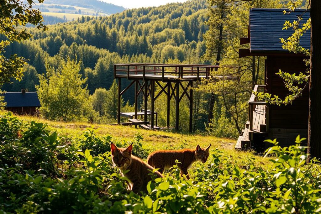 A picturesque wildkatzendorf nestled in the lush, rolling hills of Thuringia, Germany. In the foreground, a family of Eurasian lynx prowls the undergrowth, their tufted ears and spotted coats blending seamlessly with the surrounding foliage. In the middle ground, a wooden viewing platform offers visitors a close-up glimpse of the elusive felines as they lounge in the dappled sunlight. The background is dominated by a dense, verdant forest, its canopy filtering the golden rays and casting a warm, inviting glow over the entire scene. The mood is one of tranquility and awe, inviting visitors to reconnect with nature and observe these magnificent wild cats in their natural habitat.