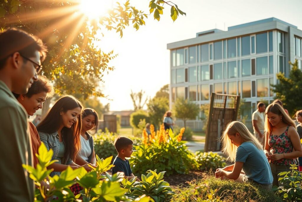 A serene, sun-dappled scene depicting the social aspects of sustainability. In the foreground, a diverse group of people engaged in collaborative learning, their faces alight with understanding. The middle ground showcases a community garden, where individuals of all ages tend to lush vegetation, fostering a sense of shared responsibility. In the background, a modern, energy-efficient building stands as a symbol of sustainable infrastructure, its clean lines and large windows suggesting an ethos of inclusivity and transparency. The warm, golden lighting casts a tranquil glow, evoking a harmonious and equitable environment. This image conveys the social pillars of sustainability - justice, education, and fair working conditions - through a cohesive and visually compelling scene.