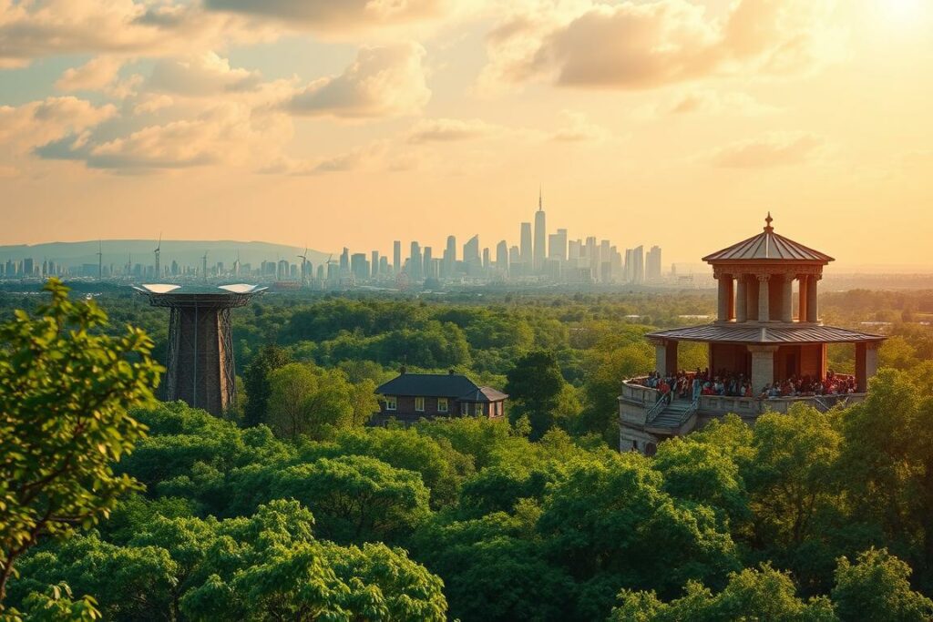 A stunning landscape depicting the three pillars of sustainability - environmental, social, and economic. In the foreground, a lush, verdant forest represents the ecological aspect, with sunlight filtering through the canopy. The middle ground features a bustling city skyline, symbolizing the economic dimension, while in the background, a diverse community gathers, embodying the social pillar. The scene is bathed in a warm, golden light, conveying a sense of harmony and balance. Subtle architectural elements, such as renewable energy sources and sustainable building materials, complement the overall theme. The image evokes the origins and interconnectedness of the three pillars that define the concept of sustainability.