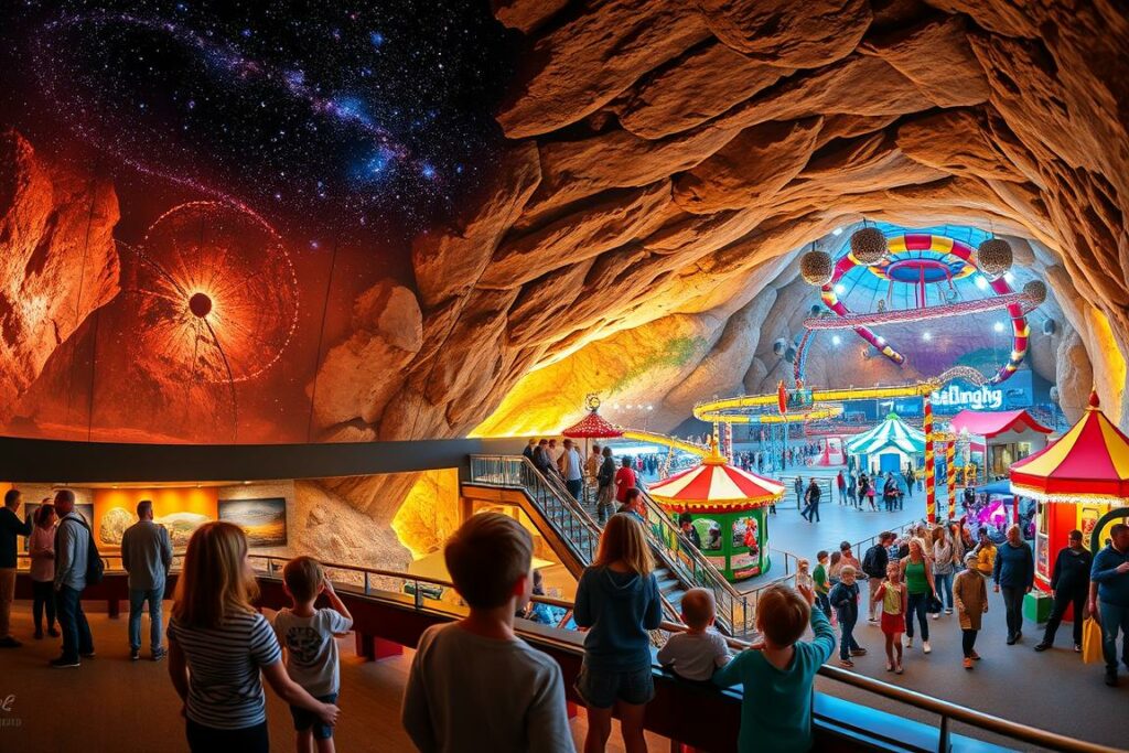 A vibrant panorama showcasing the natural wonders and interactive attractions of Thüringen. In the foreground, a family explores an immersive planetarium, gazing up at the celestial projections. In the middle ground, visitors descend into a captivating underground mine, discovering the region's rich geological heritage. In the background, a bustling family-friendly theme park comes into view, its rides and activities beckoning exploration. Warm, golden lighting bathes the scene, evoking a sense of wonder and discovery. The composition captures the essence of Thüringen's diverse range of experiential destinations, perfect for families seeking adventure and learning.