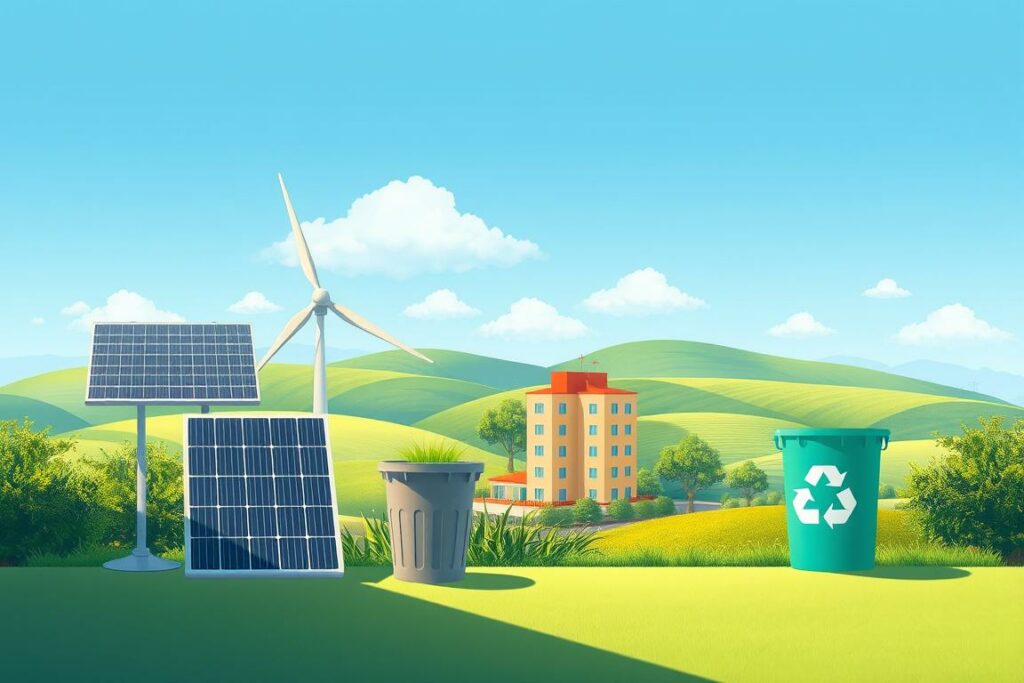 A vibrant, realistic illustration of 5 concrete examples of sustainability, depicted with a clean, minimalist aesthetic. The foreground showcases a solar panel, a wind turbine, and a recycling bin, illuminated by soft, natural lighting that casts subtle shadows. In the middle ground, a thriving urban garden and a energy-efficient building stand as symbols of eco-friendly living. The background features a lush, verdant landscape with rolling hills, blue skies, and fluffy clouds, evoking a sense of environmental harmony. The overall composition conveys a positive, aspirational message about sustainable practices and their tangible benefits.