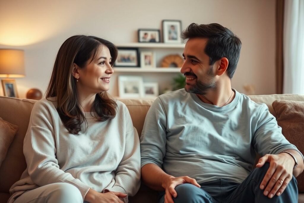 A warm and cozy family setting, with a mother and father sitting on a comfortable couch, engaged in a heartfelt conversation. The living room is bathed in soft, diffused lighting, creating an atmosphere of intimacy and understanding. The parents' body language is relaxed, their faces expressing concern and attentiveness as they listen to each other. In the background, subtle hints of family photos and personal mementos convey a sense of shared history and connection. The scene evokes a sense of closeness, empathy, and the gentle resolution of a familial issue through open and constructive dialogue.
