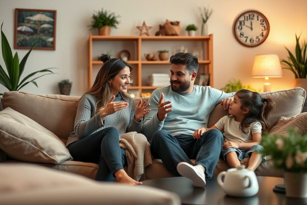 A warm, cozy living room scene with a family of four engaged in lively communication. In the foreground, a mother and father sit on a plush sofa, leaning in towards each other, gesturing animatedly as they discuss something intently. Their teenage son and young daughter sit nearby, listening intently and occasionally chiming in. Soft, ambient lighting casts a gentle glow, creating an atmosphere of openness and understanding. The room is tastefully decorated with earth-toned furnishings, potted plants, and personal mementos, reflecting the familial nature of the scene. The overall composition conveys a sense of familial closeness and effective communication in resolving conflicts.