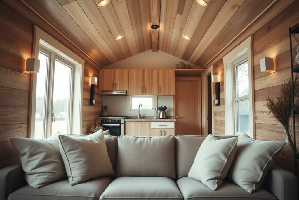 An inviting and cozy interior of a tiny house, showcasing a harmonious blend of functionality and style. In the foreground, a comfortable sofa adorned with plush cushions invites relaxation, while natural wood accents add warmth to the space. The middle ground features a compact yet efficient kitchenette, with sleek cabinetry and a minimalist design. Soft, diffused lighting from strategically placed wall sconces creates a welcoming ambiance, complemented by the natural illumination streaming through large windows that open up the room to the surroundings. The background features a serene, earthy palette, with subtle textures and patterns that enhance the overall tranquil atmosphere. The entire scene exudes a sense of simplicity, comfort, and intentional design that perfectly encapsulates the essence of a tiny house interior.
