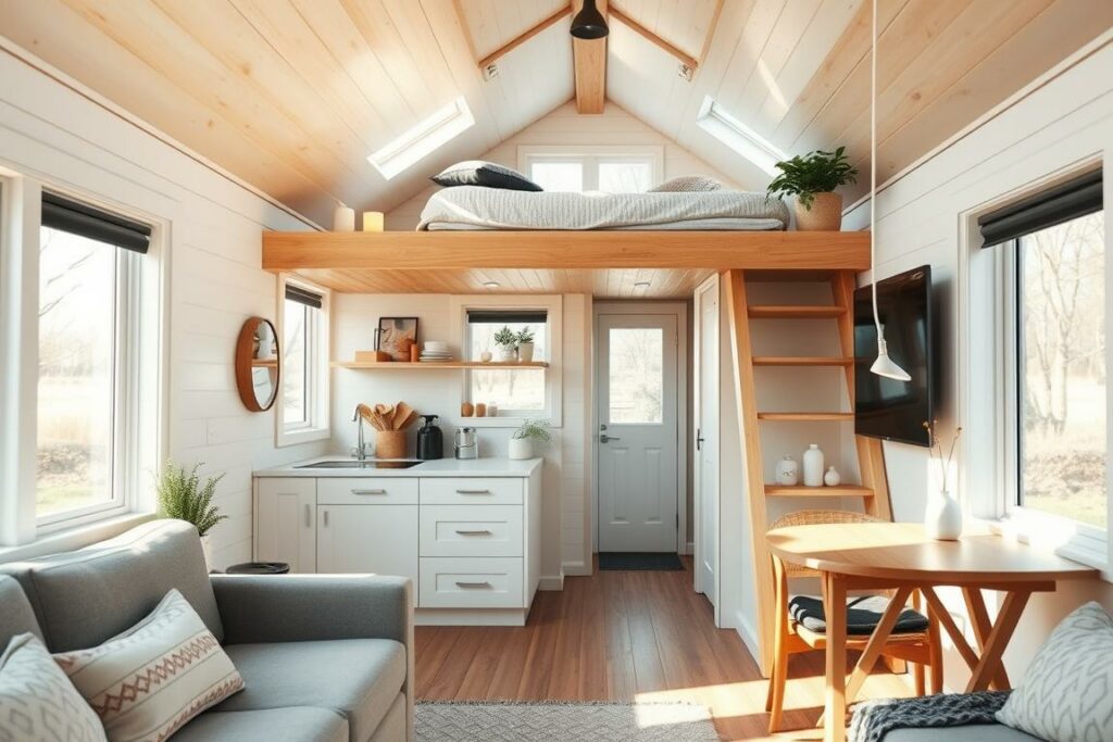 Cozy and well-designed tiny house interior, showcasing thoughtful space planning and multifunctional furnishings. A bright and airy living area with minimalist Scandinavian-inspired decor, clean lines, and plenty of natural light filtering through large windows. The focal point is a small-scale kitchenette with sleek cabinetry and a compact cooking area. In the background, a lofted sleeping nook with a comfortable mattress and bedding. Warm, neutral color palette with accents of wood and greenery to create a serene, relaxing atmosphere. Rendered in a realistic style with soft, diffused lighting and a slight cinematic depth of field.