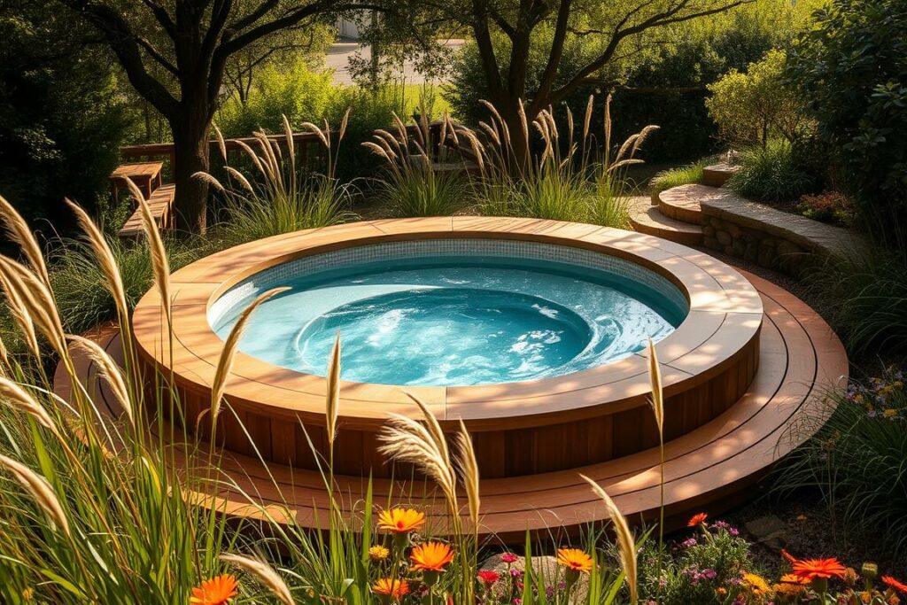 A beautiful, serene outdoor scene featuring a luxurious circular whirlpool nestled amidst a lush, natural setting. The whirlpool is encircled by a custom-built wooden deck, its warm tones and organic curves seamlessly blending with the surrounding landscape. Tall, swaying grasses and vibrant wildflowers dot the foreground, creating a tranquil, earthy atmosphere. Soft, diffused lighting filters through the canopy of trees overhead, casting a gentle glow over the scene. The whirlpool's gently rippling surface reflects the natural beauty around it, inviting the viewer to imagine themselves relaxing in the soothing, therapeutic waters. This image perfectly captures the essence of creating a personalized, harmonious whirlpool oasis in one's own backyard.