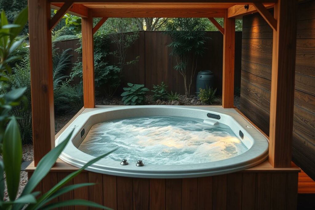 A beautifully crafted wooden frame surrounds a serene whirlpool, nestled in a cozy outdoor oasis. The frame's warm, natural tones blend seamlessly with the lush greenery and earthy tones of the environment. Soft, diffused lighting casts a gentle glow, creating a calming and inviting atmosphere. The whirlpool's bubbling water reflects the warmth of the wooden structure, inviting you to sink in and unwind. Intricate wood grain patterns add depth and texture, while the clean, minimalist design complements the modern aesthetic. This naturalistic scene evokes a sense of tranquility and relaxation, perfectly capturing the essence of a luxurious whirlpool sanctuary for your home.