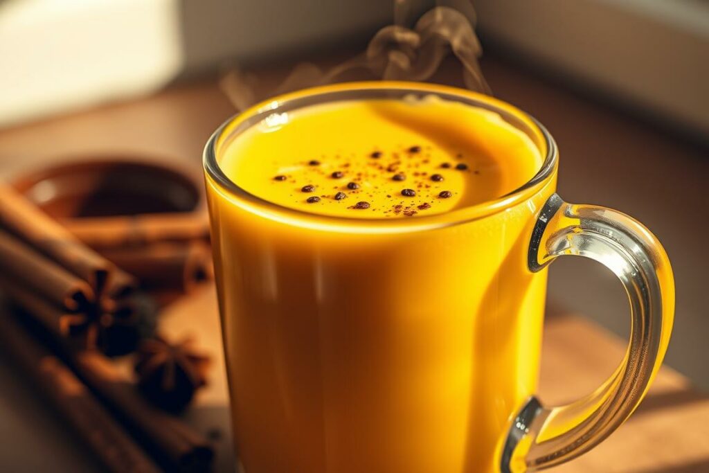 A beautifully lit, close-up shot of a golden-hued turmeric latte, steaming gently in a transparent glass or ceramic mug. The vibrant, lustrous surface of the beverage is dotted with fragrant spices like cinnamon, ginger, and black pepper. The mug is set against a soft, blurred background, perhaps a wooden table or a simple kitchen counter, highlighting the rich, velvety texture of the drink. Warm, natural lighting creates a cozy, inviting atmosphere, perfectly complementing the comforting aroma and soothing hues of the "Goldene Milch" recipe.